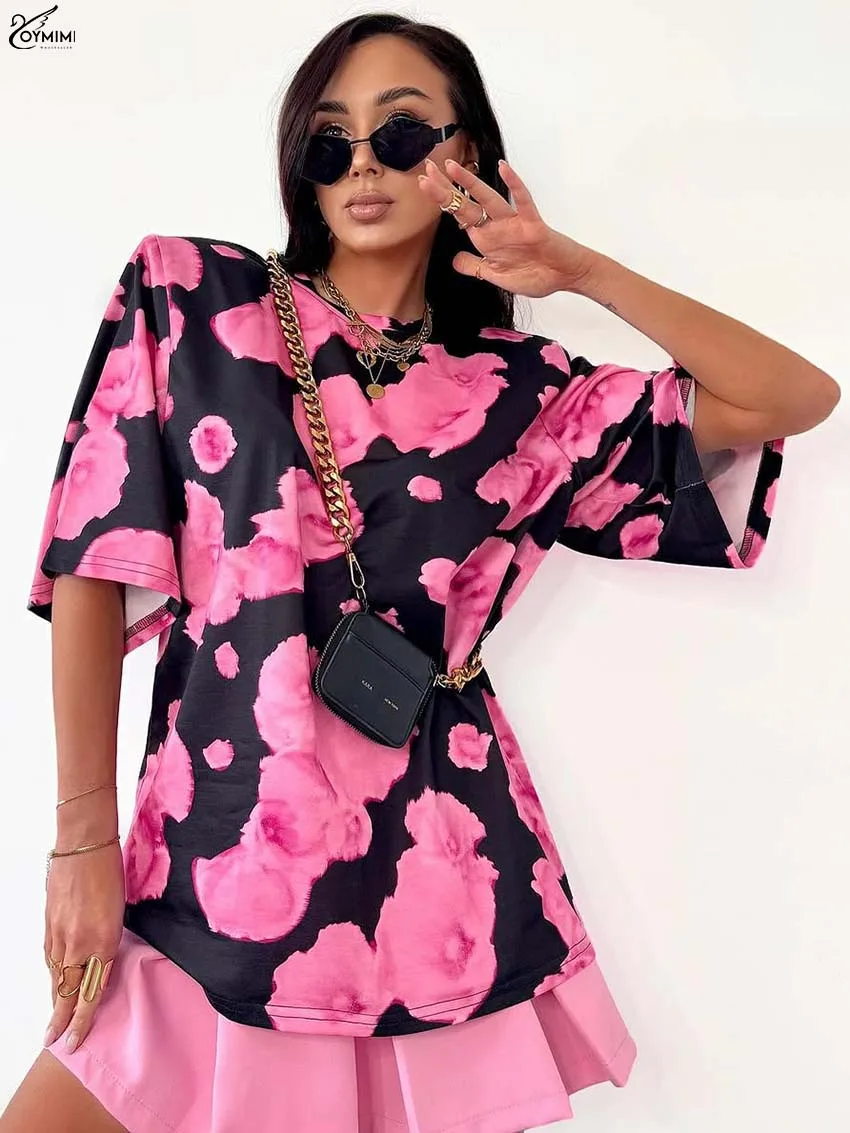 

Oymimi Elegant Pink Print Woman Blouses Fashion O-Neck Half Sleeve Blouses Casual New Loose Knitting Shirts Female Streetwear