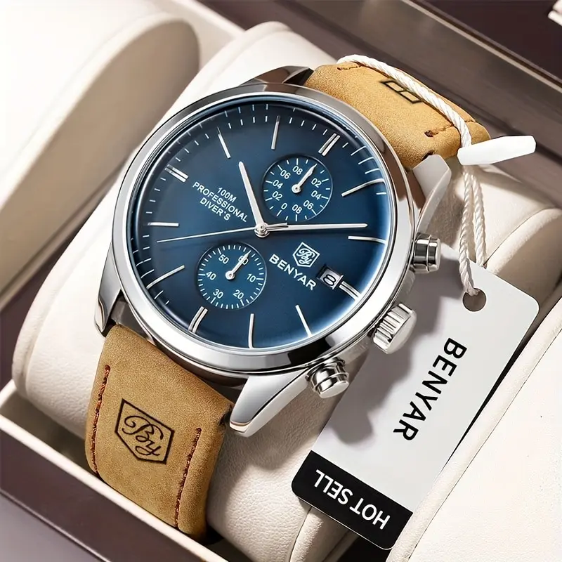 2024 New BENYAR Leather Men Quartz Wristwatches Luxury Brand 100M Waterproof Men Watch Military Sports Chronograph Watch for Men