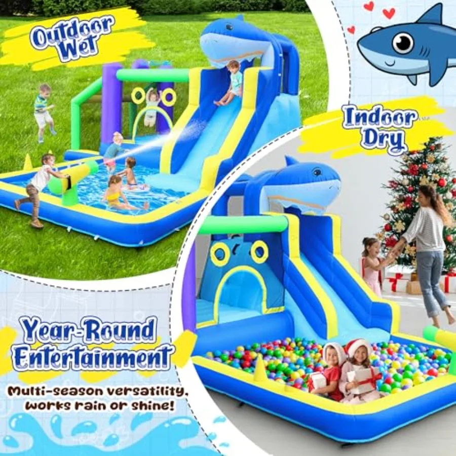 Maison gonflable de rebond, toboggan d'eau, maison de rebond pour arrière-cour, château gonflable de requin extérieur et intérieur avec ventilateur, Hoo de basket-ball