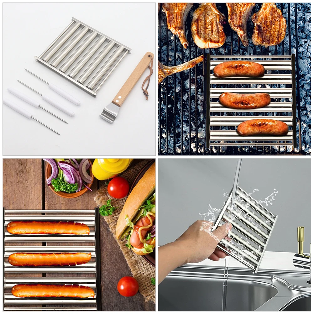 

1 set 1 Set Stainless Steel Camping Sausage Barbecue Rack Sausage Roller With Skewers Portable Grill Outdoor Bbq Stand Durable