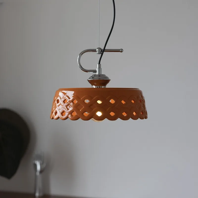 French Vintage Pendant Lights Orange Ceramic LED Hanging Lamps Bar Counter Bedroom Bedside Study Embellish Suspension Luminaire