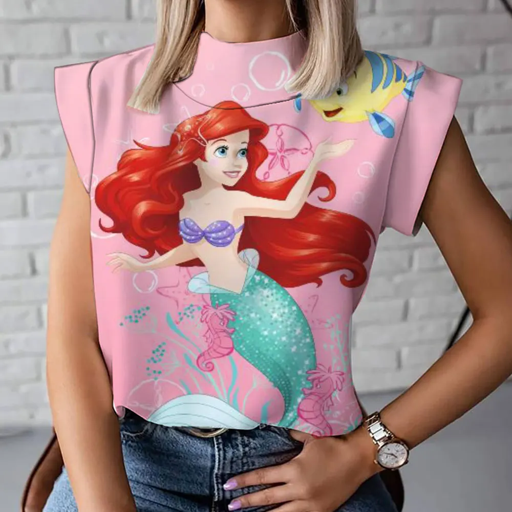 2024 Hot Selling New Summer Trend Versatile Ariel Mermaid Anime Harajuku Street Print Women's Turtle Neck T-Shirt Fashion Vest