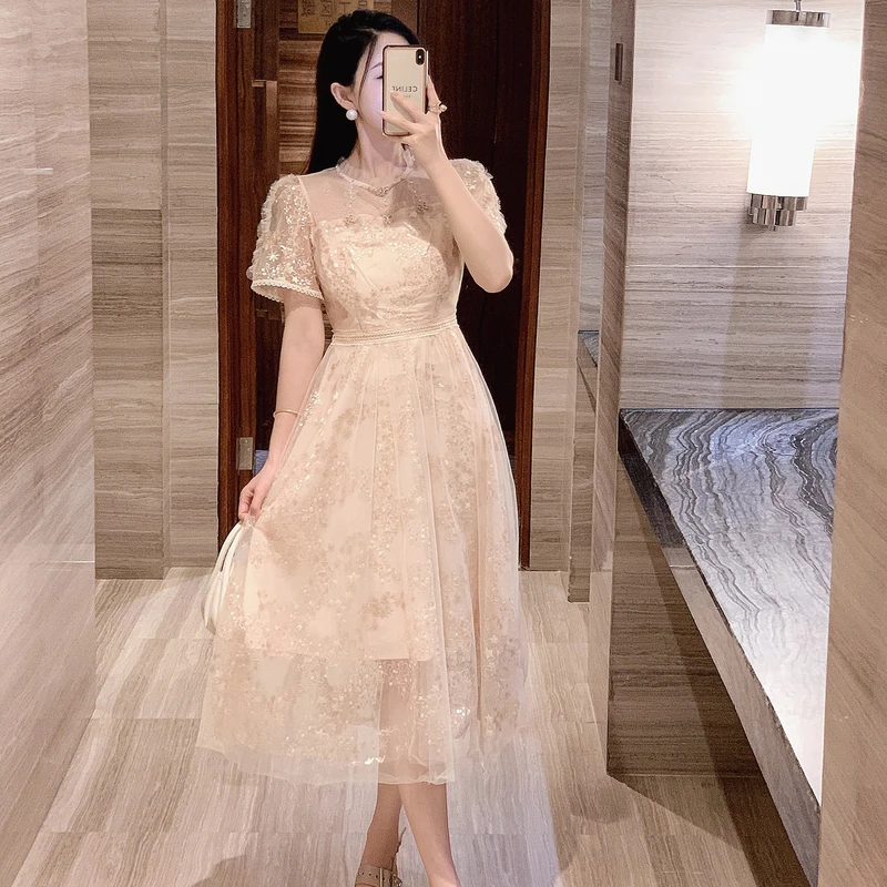 

Vintage High Quality Elegant Mesh Dress Women Summer Short Sleeve Sequin Embroidery Spliced Party Dresses Female 2024 New G455