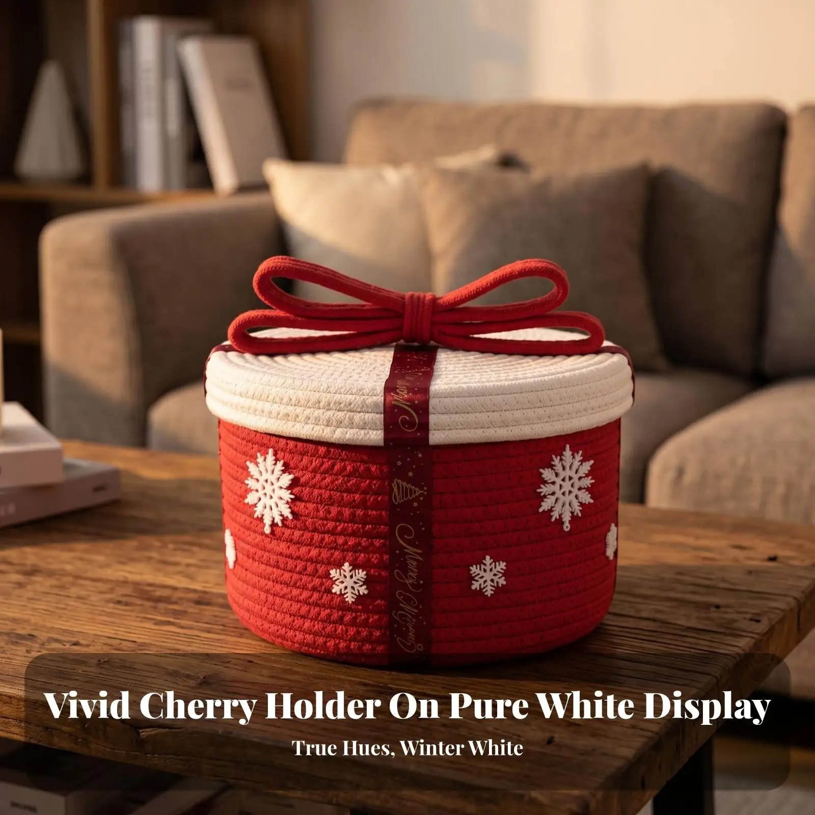 Woven Cotton Storage Basket with Vertical Ribbon Design for Desk Shelf Organization Cute Gift Box