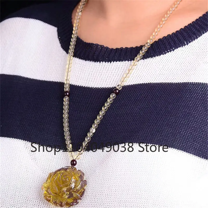 Natural Blue Colour Amber Beeswax Rose Flower Pendant High-grade Exquisite Fashion Hand Carved Luxury Jewelry Holiday Gifts