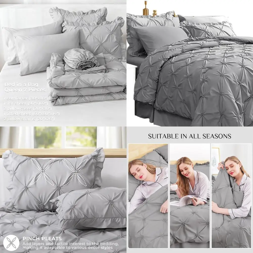 

Комплект постельного белья из 7 предметов для кровати размера Queen с декоративной отделкой, включает одеяло, простыни, наволочки и декоративные наволочки для подушек.