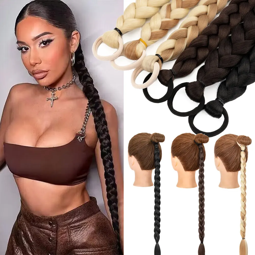 

Snoilite Synthetic 24inch Long DIY Braided Ponytail Hair Extensions Fake Boxing Braids Wrap Around Chignon Tail With Rubber Band