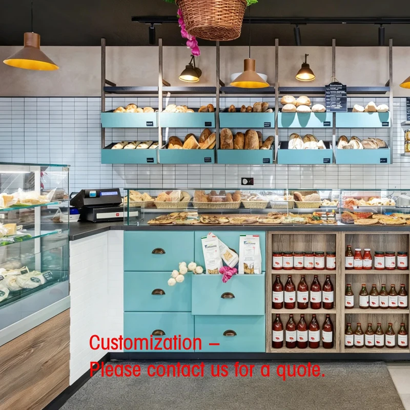 

custom.Industrial Community Bakery & Bistro with Teal Lacquer Drawer Units, Open Wood Shelving & Glass-Domed Wood Display Cases