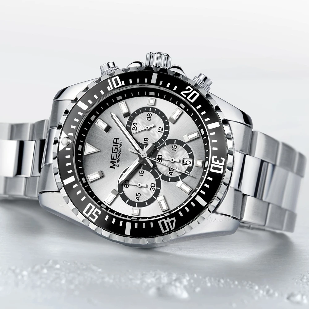 MEGIR Men's Stainless Steel Waterproof Luminous Wristwatch Chronograph Sport Quartz Analogue white Three-eyes Watches for Mens