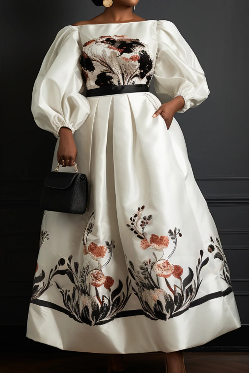 Plus Size Formal White Floral Off The Shoulder Puff Sleeve Long Sleeve Satin Maxi Dresses