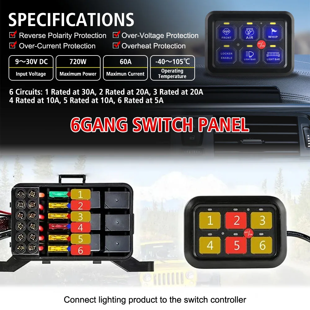 Control Panel Combination Switch On Off Switch Car LED Switch Panel Light Switches 6 Gangs Light Senstive Car accessories 12V
