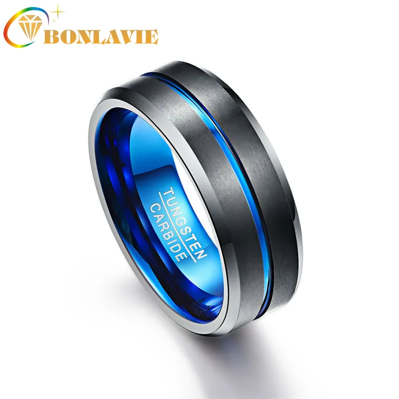 BONLAVIE  8mm Tungsten Carbide Ring Blue & Black Matte Finish Beveled Edge Men's Women Wedding Band Large Size 4 to 17