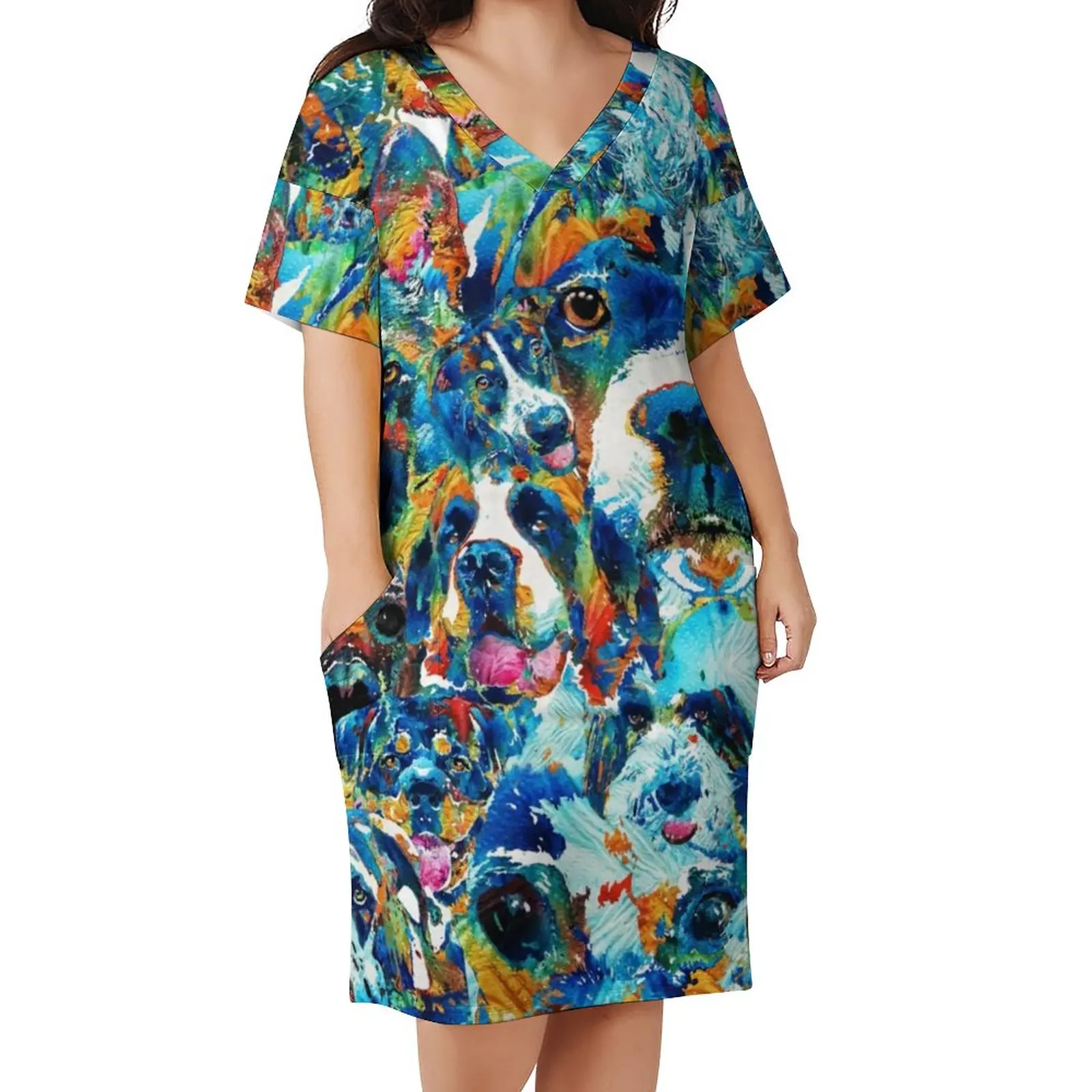 

Dog Lovers Delight Casual Dress Holiday Colorful Animal Abstract Design Dresses V Neck Print Street Fashion Dress Plus Size 5XL