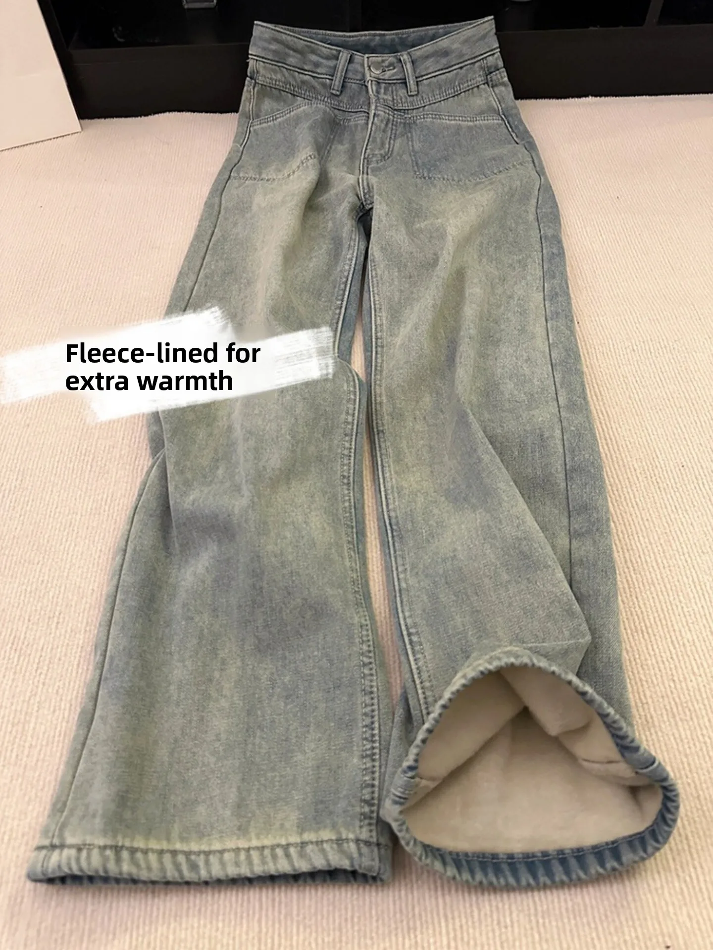 

Ретро-джинсы американского стиля с флисовой подкладкой, зауженные, с широкими штанинами, с высокой талией, прямого кроя, модные женские длинные брюки, термобрюки-буткат