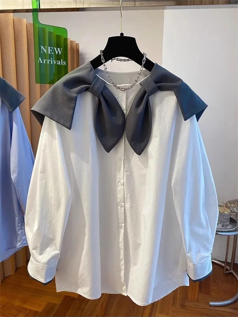 Shirts & blouses Design Sense Single-breasted bow Navy Collar big Lapel Shirt Women's new Loose Age-reducing Doll Collar top