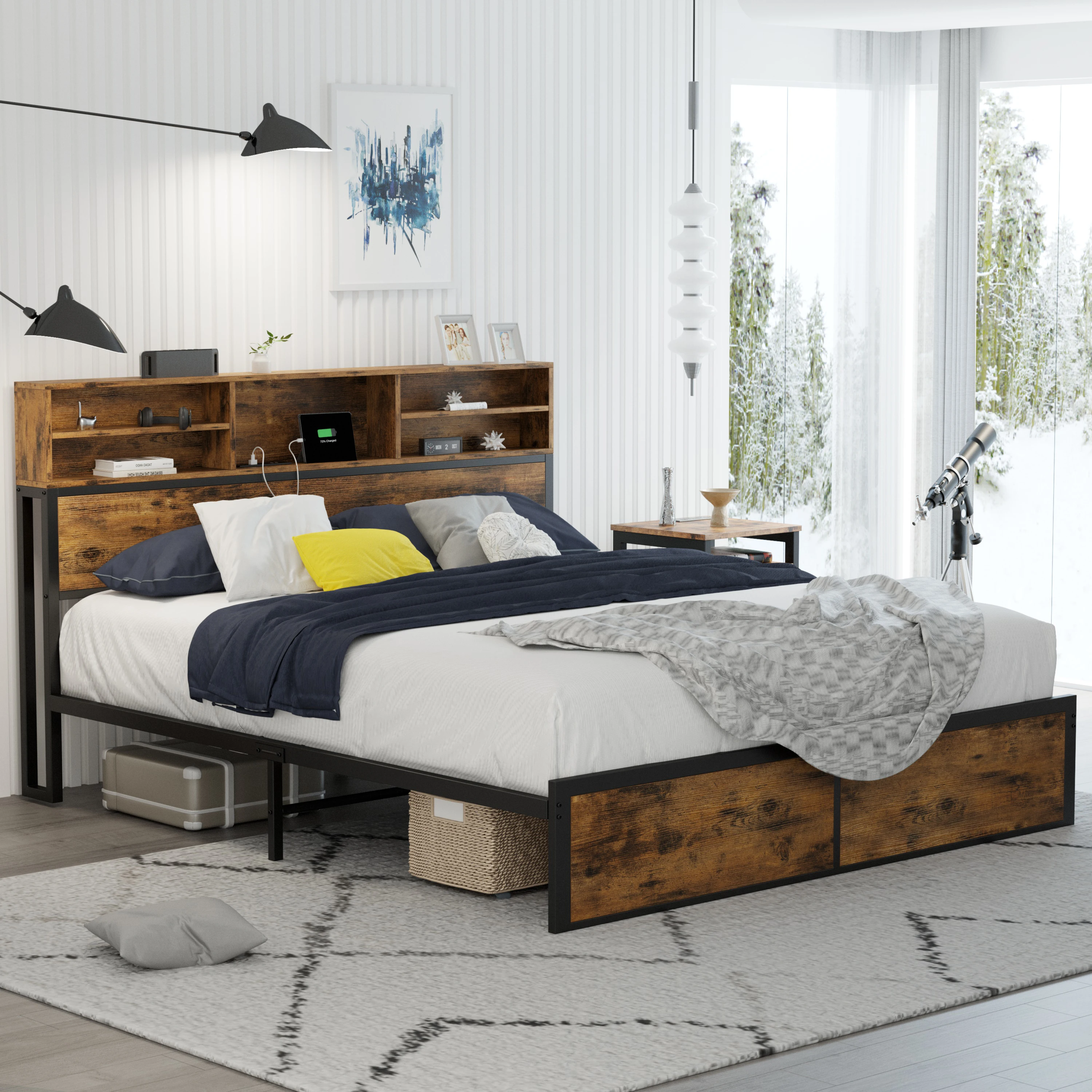 LIKIMIO Queen Bed Frame with Tall Bookcase Headboard and Charging Station, Sturdy and No Noise Platform Bed