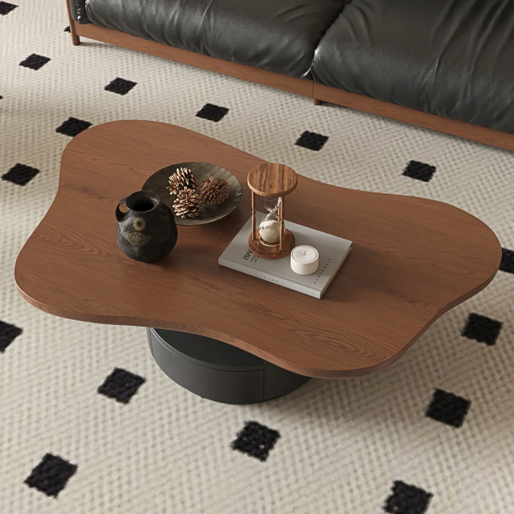 Mid-Century Cloud Coffee Tables 2 Drawers & Multi-Layer Storage Walnut Grain Top & Black Painted Density Board Base Center Table
