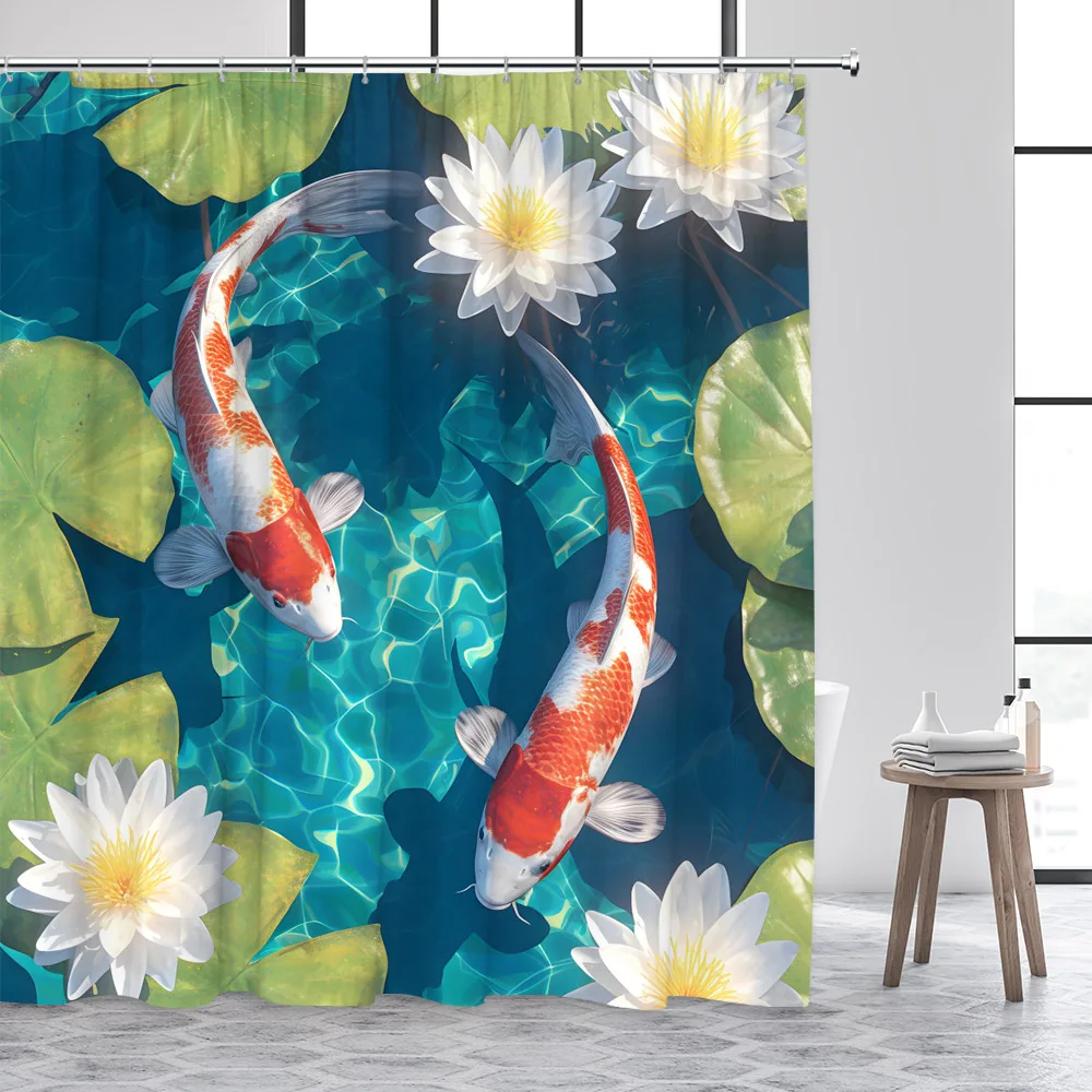 Lotus Carp Shower Curtain Lake Green Leaves White Flowers Koi Fish Chinese Style Bath Curtains Fabric Home Bathroom Decor Set