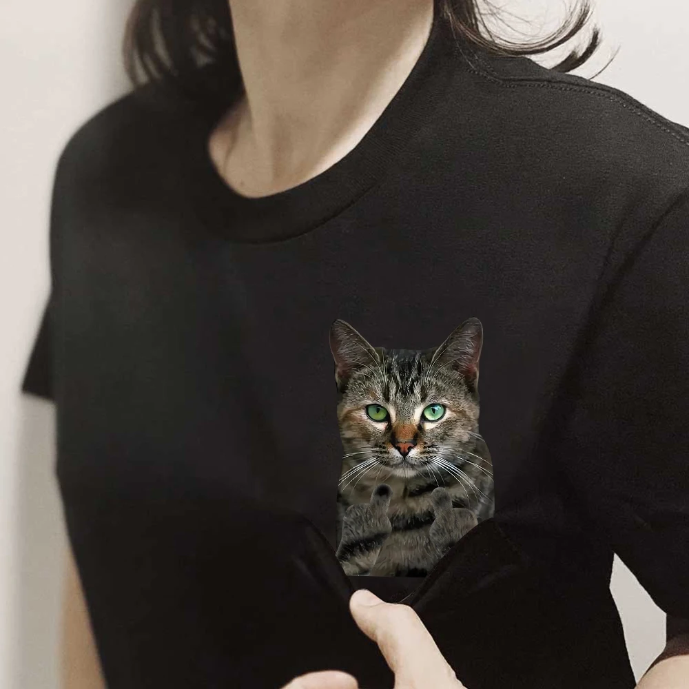 CLOOCL Tabby Cats T-Shirts Funny Kitten Double Middle Finger Printed Pocket Cotton T-shirt Women Clothing Short Sleeve Shirts