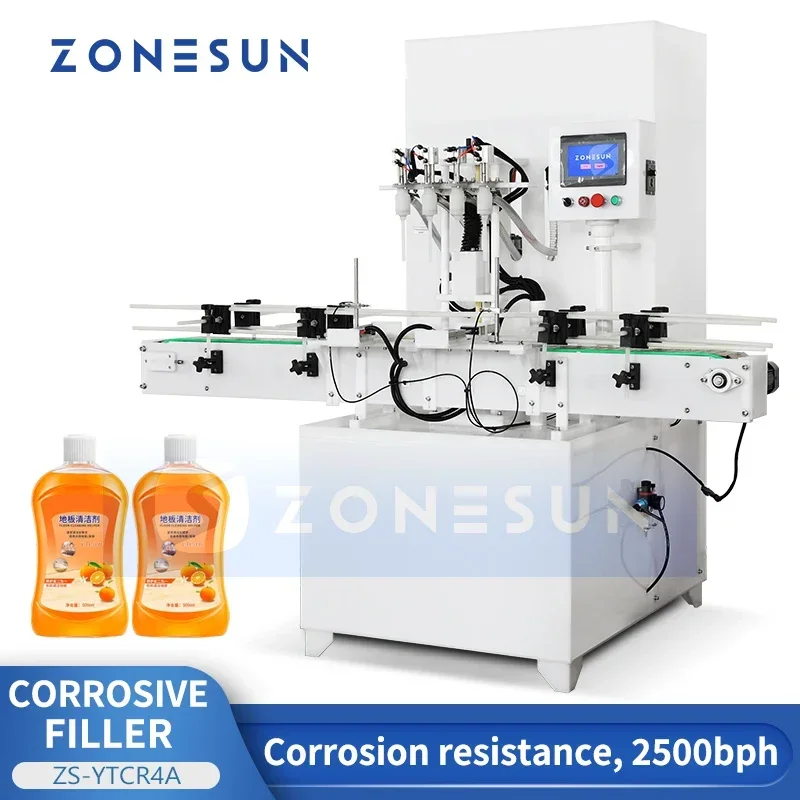 ZONESUN Automatic Caustic Products Corrosive Liquid Filling Machine Disinfectant Kitchen Cleaner Pesticide Bleach ZS-YTCR4A