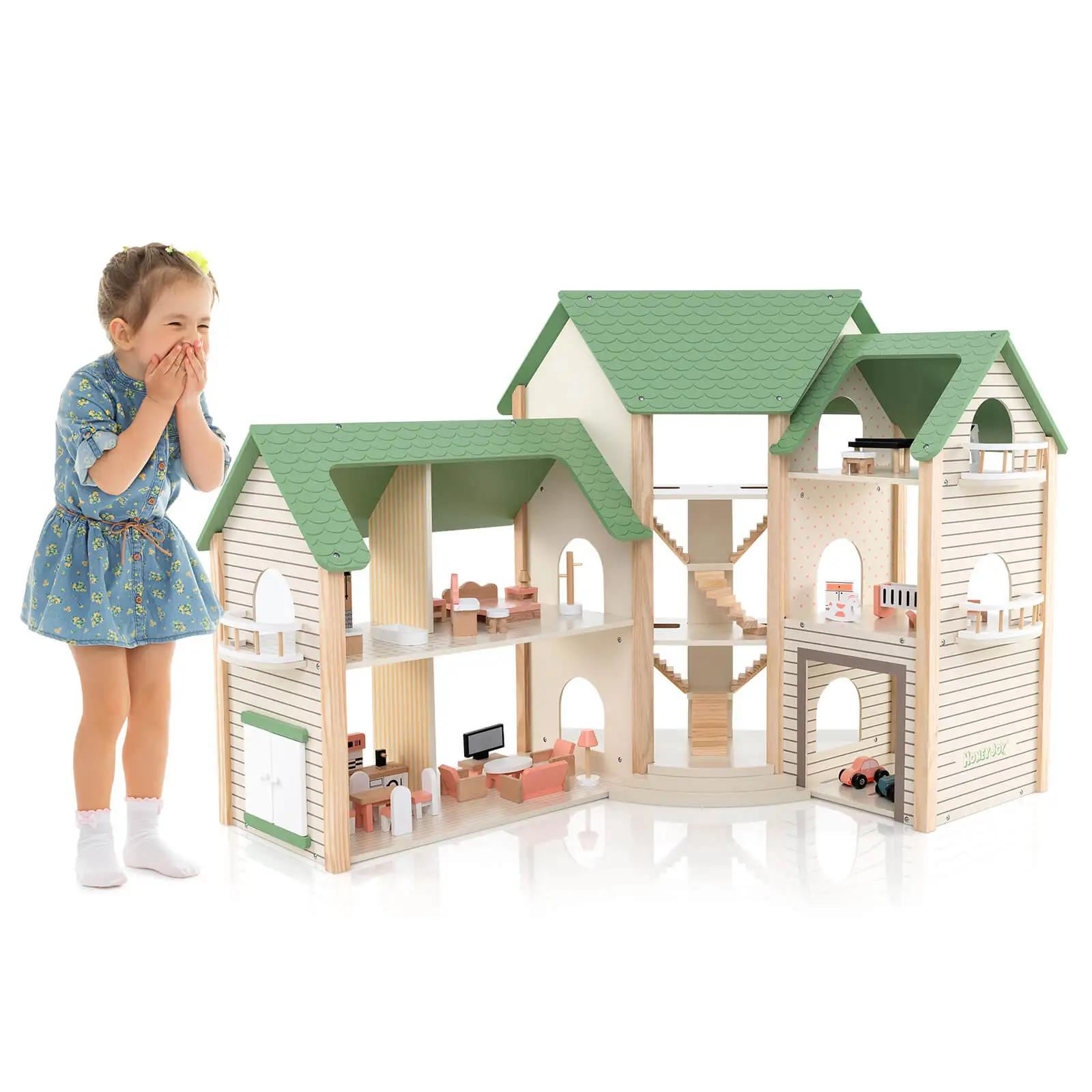 

Wooden Corner Dollhouse Playset with 36 Pieces of Furniture and Accessories