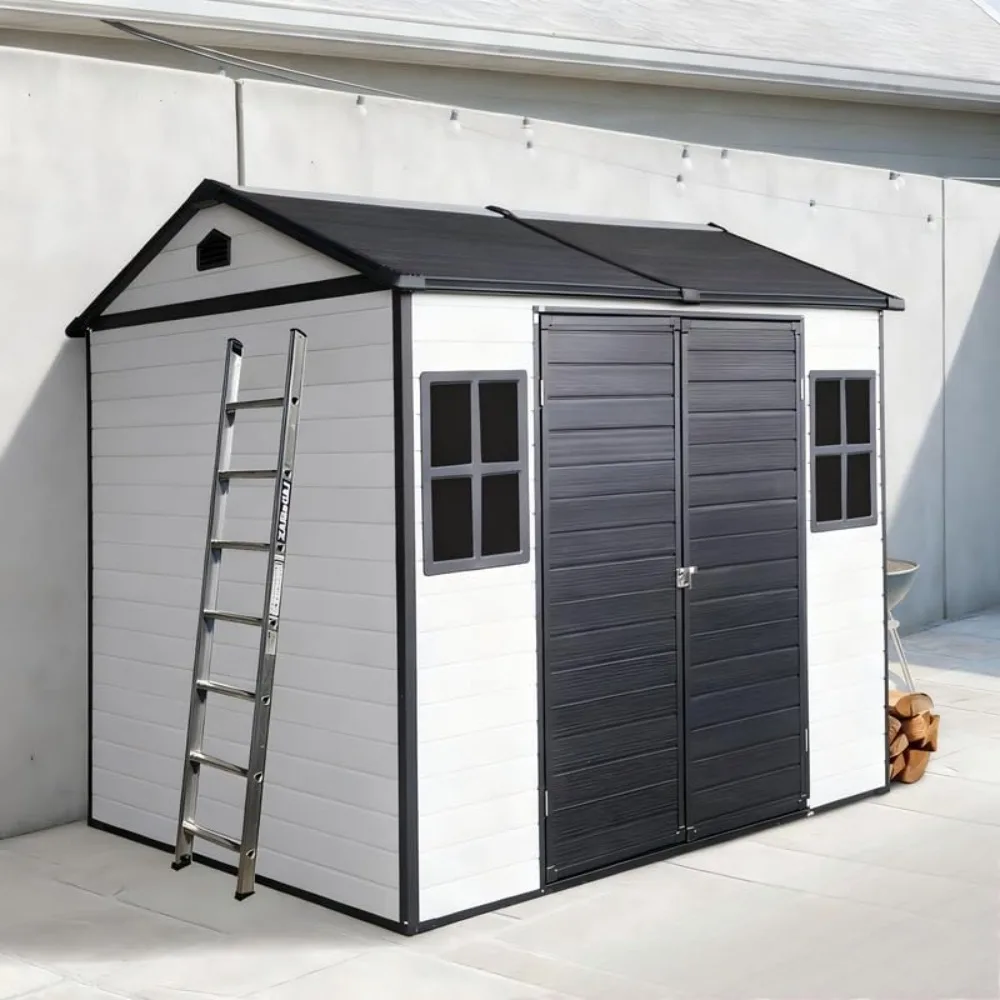 سقيفة تخزين خارجية من الراتنج مقاس 8 × 6 أقدام مسبقة الصنع مع أرضية ونفذين، وتخليص تخزين الحظائر البلاستيكية الخارجية #1