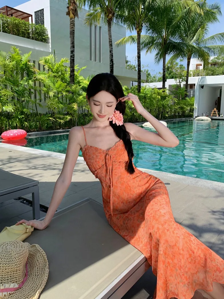 Summer Floral Print Chiffon Dress Women\'s Belted White Orange Strap Beach Vacation Long Skirt High Waist V-Neck A-Line Gown