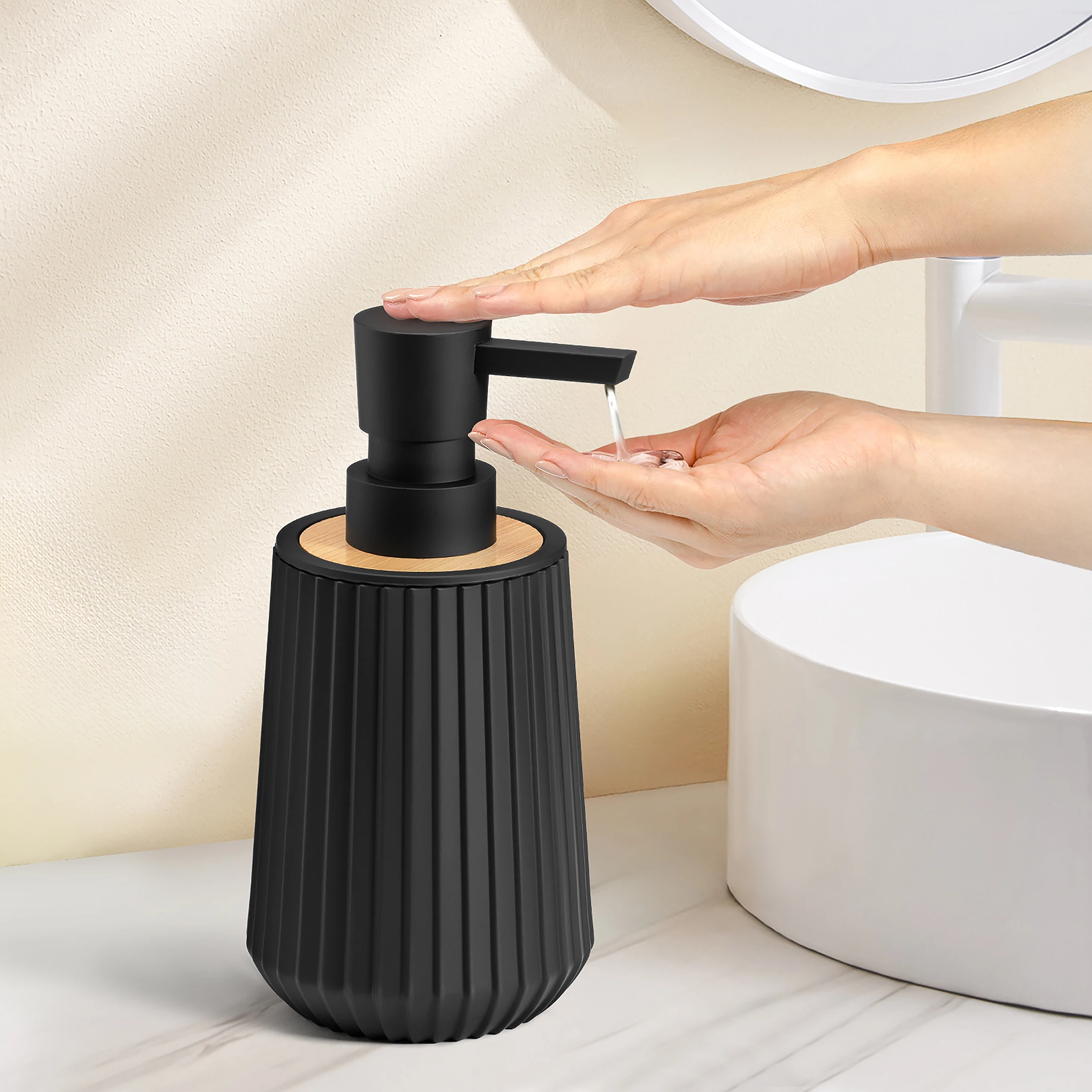 Modern Style Black Matte Stripe with Bamboo Trim Soap Dispenser for Kitchen and Bathroom CountertopsRepartable