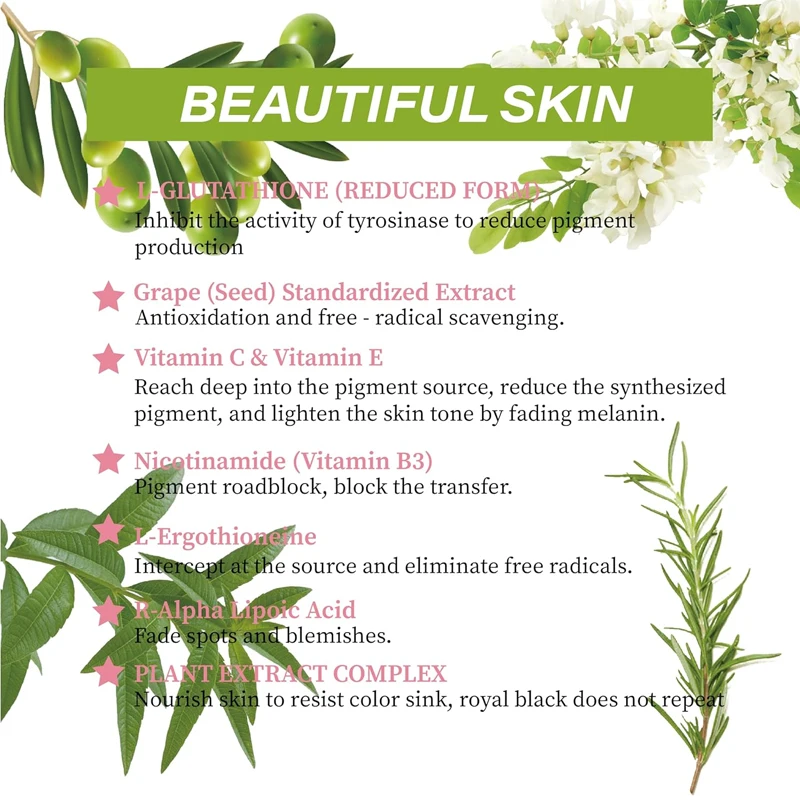 Contains 200mg of Glutathione, 300mg of Grape Seed Extract,as Well As Niacinamide and Alpha Lipoic Acid for Antioxidant Purposes