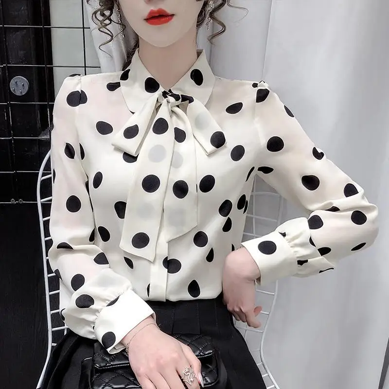 2024 Autumn New Elegant Polka Dot Scarf Collar Long Sleeve Blouse Women Clothing Temperament Printing Buttons Women Shirts