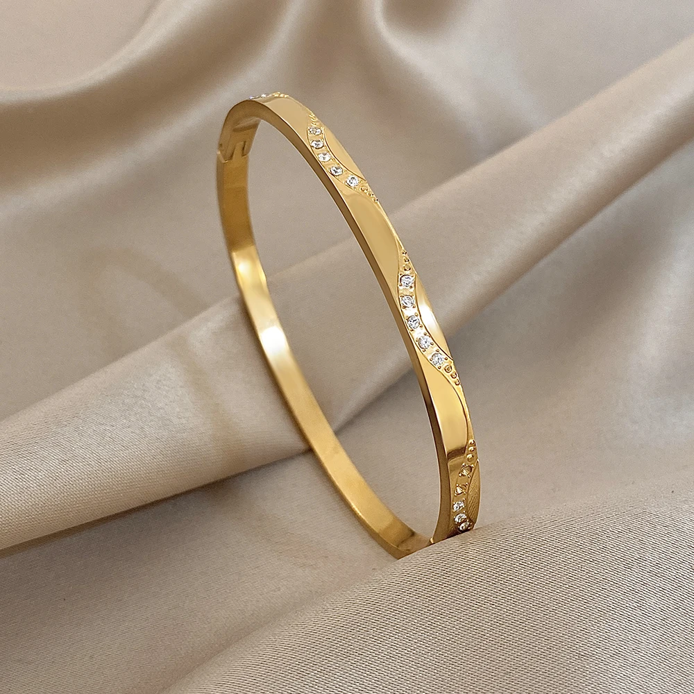 

Minimalist Stainless Steel Round Thin Bracelet for Women Trendy Inlaid Zircon Wavy Open Spring Bangle Waterproof Jewelry Gift