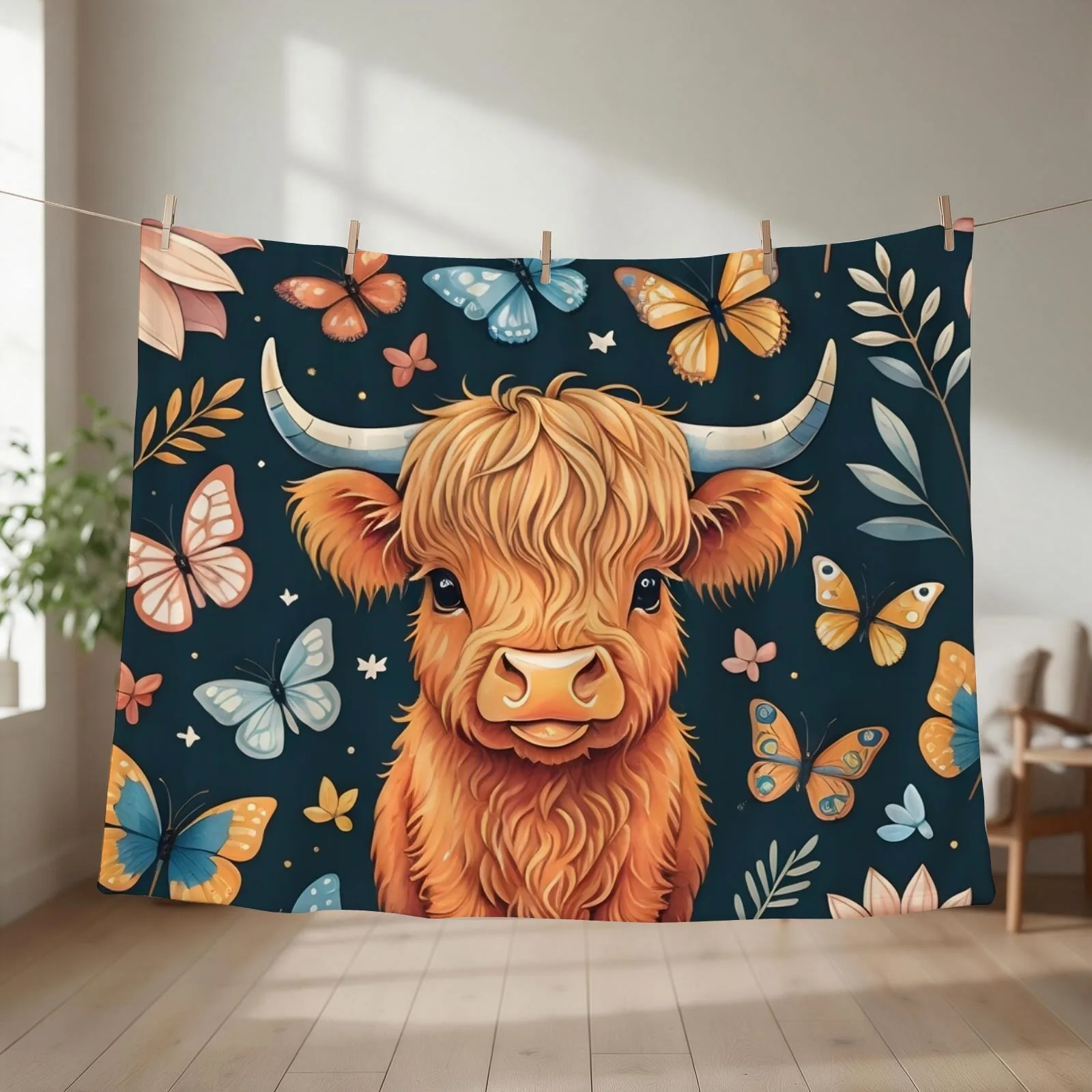 Highland cow and butterflies Throw Blanket couch cozy soft plush fuzzy picnic outdoor blanket