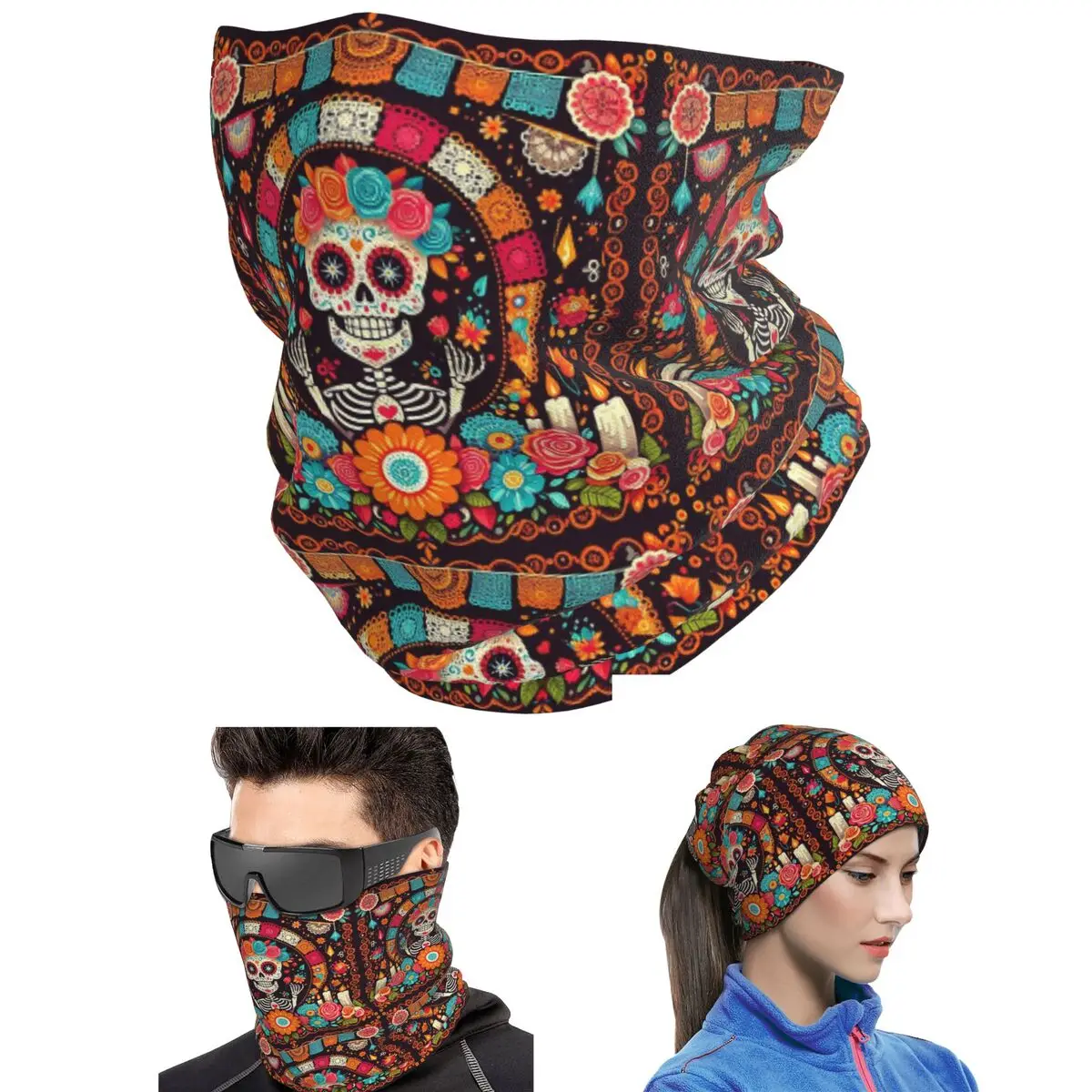 Mexican Skull Calavera Illustration Bandana Neck Gaiter Printed Magic Scarf Multifunction Headband Unisex Adult All Season