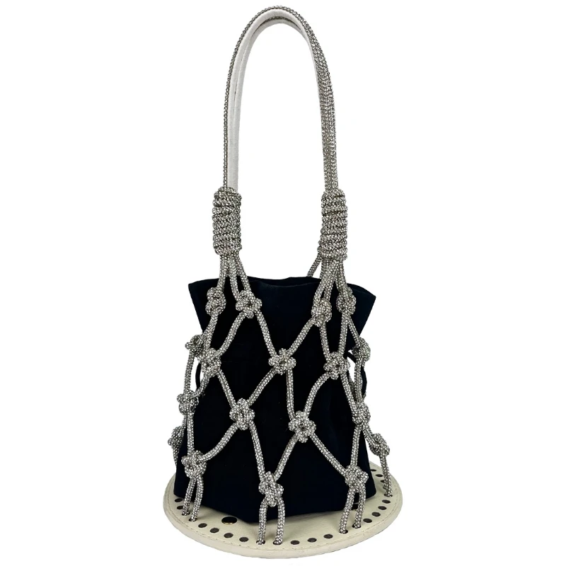 

2026 New Diamond Setting Net Bucket Bag for Women, Handcrafted Full Diamond High-end Banquet Bag Hand-held Party Wedding Clutch