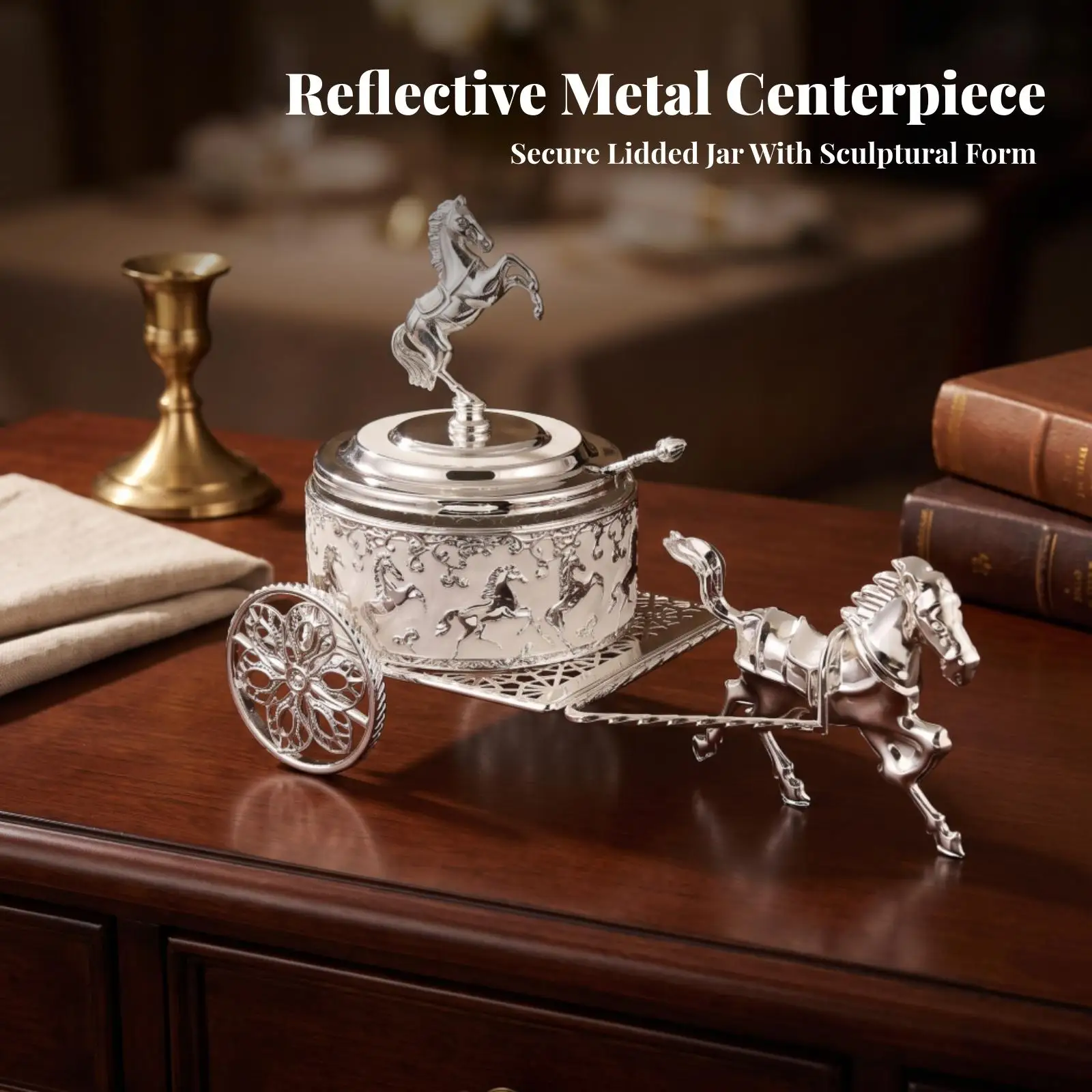 Carriage Storage Jar with Lid | Ornate Embossed Metal Frame, Silver-Tone, Carriage Jar with Horse Finial, for Tabletop