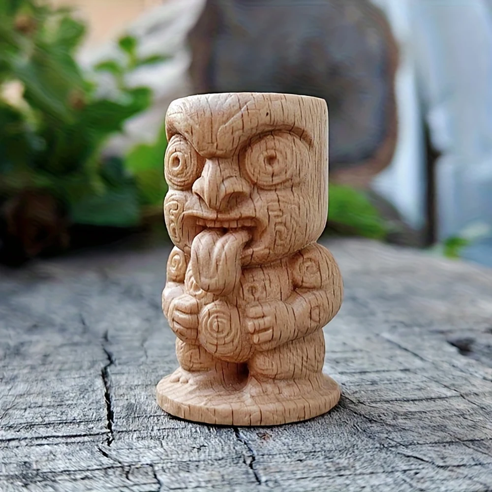 1.9-Inch Handmade Wooden Carved Tiki Totem Statue, a Decorative Craft Item Suitable for Creative Home Desktop Decorations, Creative Desktop Ornaments, Party Decorations, Housewarming Gifts, Indoor Decorations, Tabletop Decorations, Christmas Decorations, Small Statue Ornaments