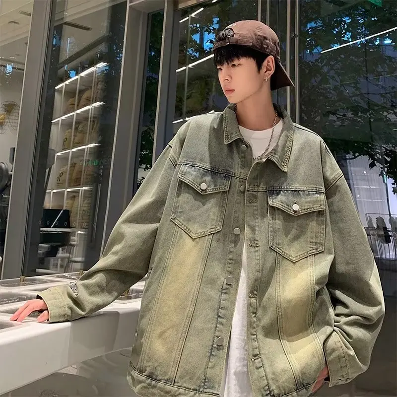 

Yellow Mud Denim Jacket Men's Spring Autumn New Tooling Lapels Pockets Patchwork Design Coats Handsome Loose Washed Tops Unisex