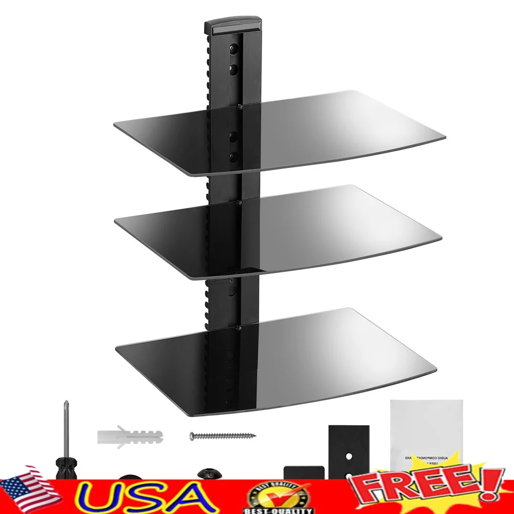 

Wall Mounted Glass Shelves Audio Video Equipment Floating Media Console Adjustable Storage Durable Cable Management System