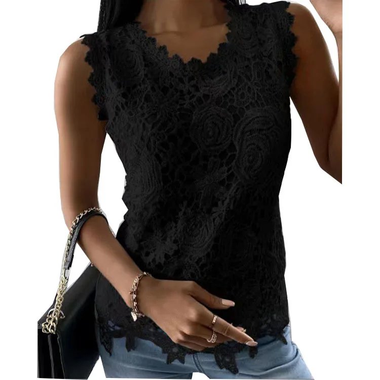 2024 Summer Fashion Ladies Lace Jacquard Sleeveless Casual Women Vintage T-Shirt  S-5XL Floral Vest Camisole Halter Top