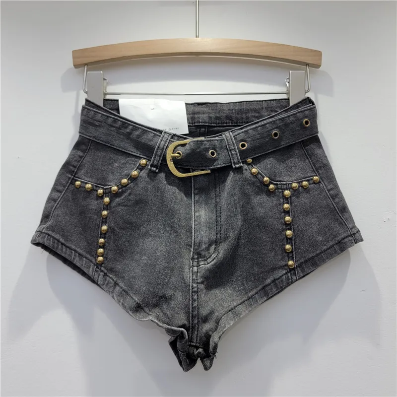 Retro Blue Denim Super Shorts Women Rivet Sexy With Belt Vintage Y2k 2024 Summer New Fashion High Street Jeans Hot Pants