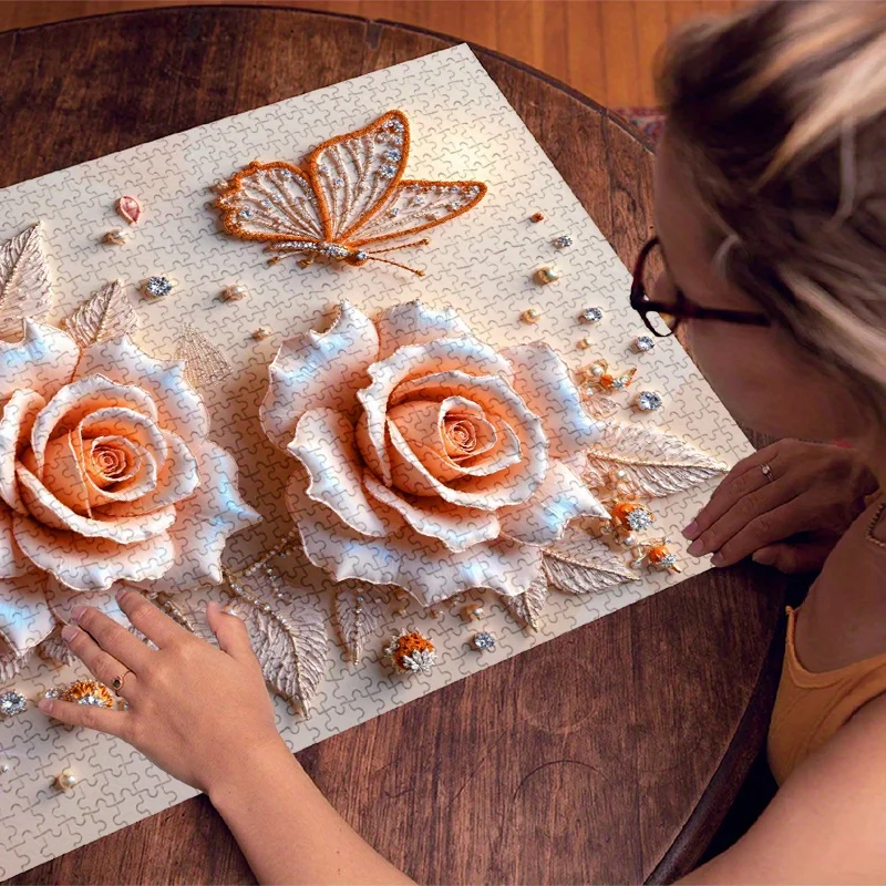 1000 قطعة من أحجية الصور المقطوعة - تصميم زهور الورد المطرزة مع خرز متلألئ، مقاوم للخدش وجودة عالية، مستطيل كبير