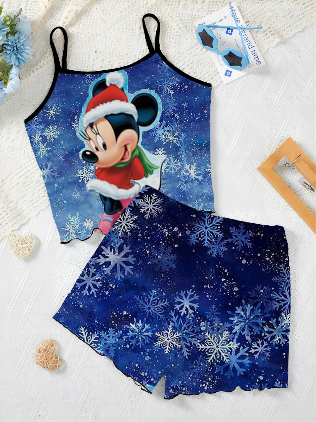 Elegant Women's Sets for Women 2 Pieces Disney Slip Dress Mickey Lettuce Trim Christmas Pajama Skirt Minnie Mouse T-shirt Short