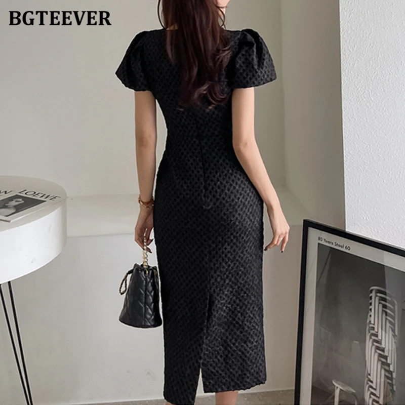 BGTEEVER Vintage Puff Sleeve Slim Waist Women Package Hip Midi Dress Elegant Square Collar Female Bodycon Pencil Dress Summer