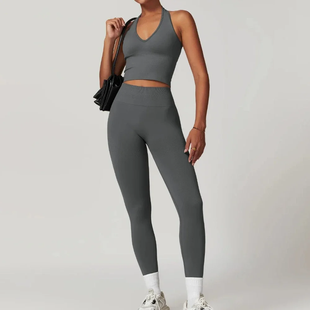 2 Pieces Women's Gym Clothes Seamless Yoga Set Workout Tracksuit Solid Sports Vest + High Waist Leggings Fitness Sportswear Suit