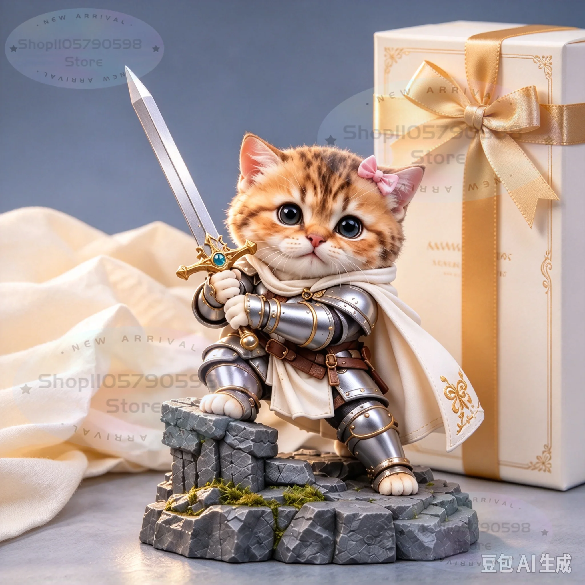 Tiny Hero Knight Cat Statue Cute Armored Kitten Warrior Figurine with Sword,Fantasy Animal Collectible,Unique Gift for Game Fans