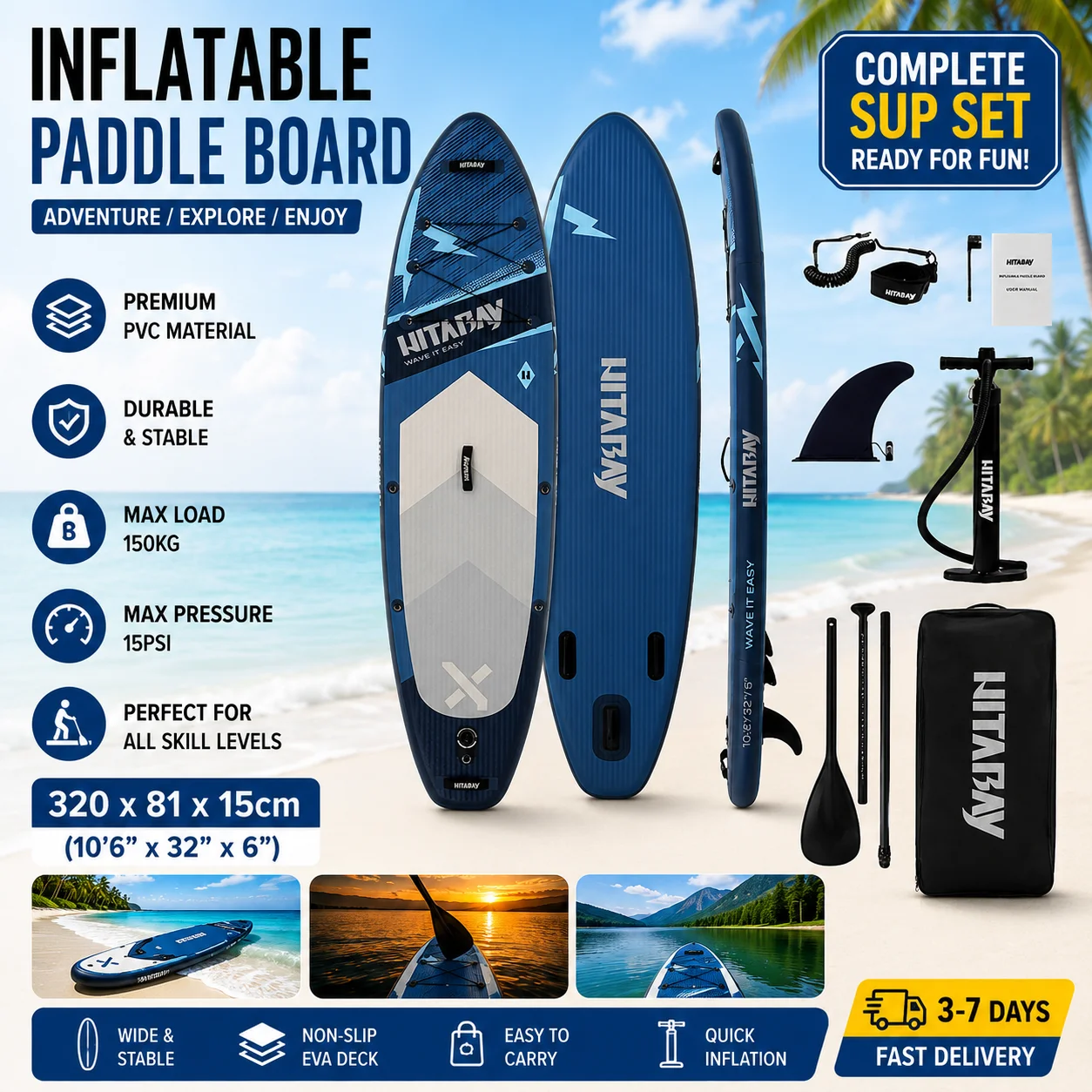 Dieses rutschfeste, aufblasbare Stand-Up-Paddleboard misst 310*81,5*13 cm, bietet hervorragende Stabilität, wird mit einem vollständigen Zubehörset geliefert und ist für Erwachsene und Jugendliche