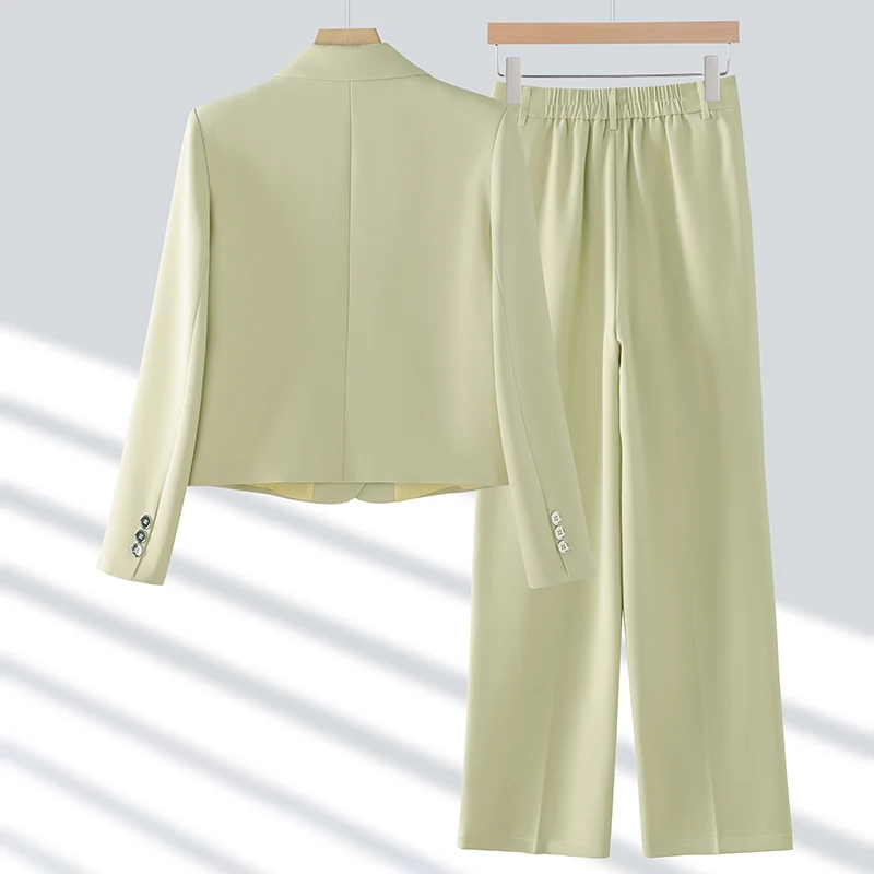 여성용 단색 투피스 세트, 한국 격식 있는 오피스 템퍼러먼트, 짧은 블레이저 탑 및 하이웨이스트 와이드 레그 플리츠 팬츠 세트, 2024