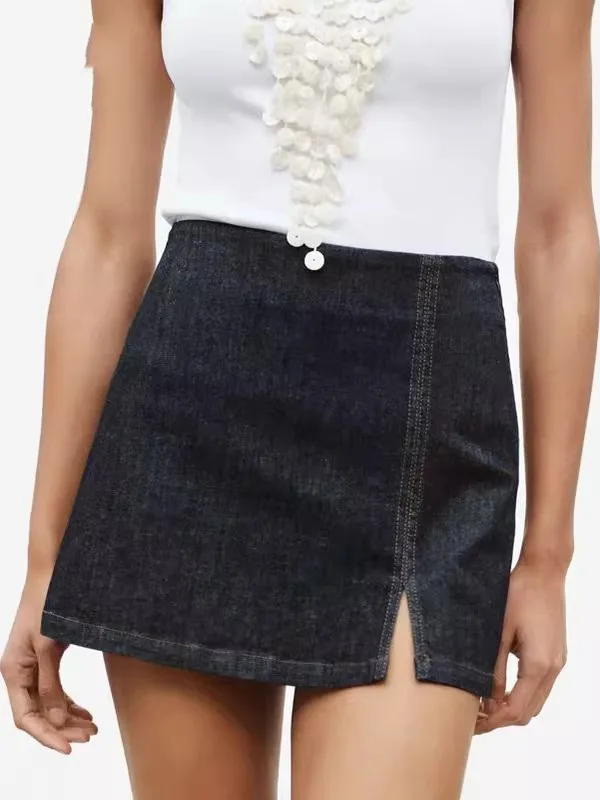 Letnia kolekcja 2025: Nowe spódnico-spodnie jeansowe z wysokim stanem, uniwersalne, z rozcięciem, modne spódnice damskie w kształcie litery A, dopasowane, bawełniane.