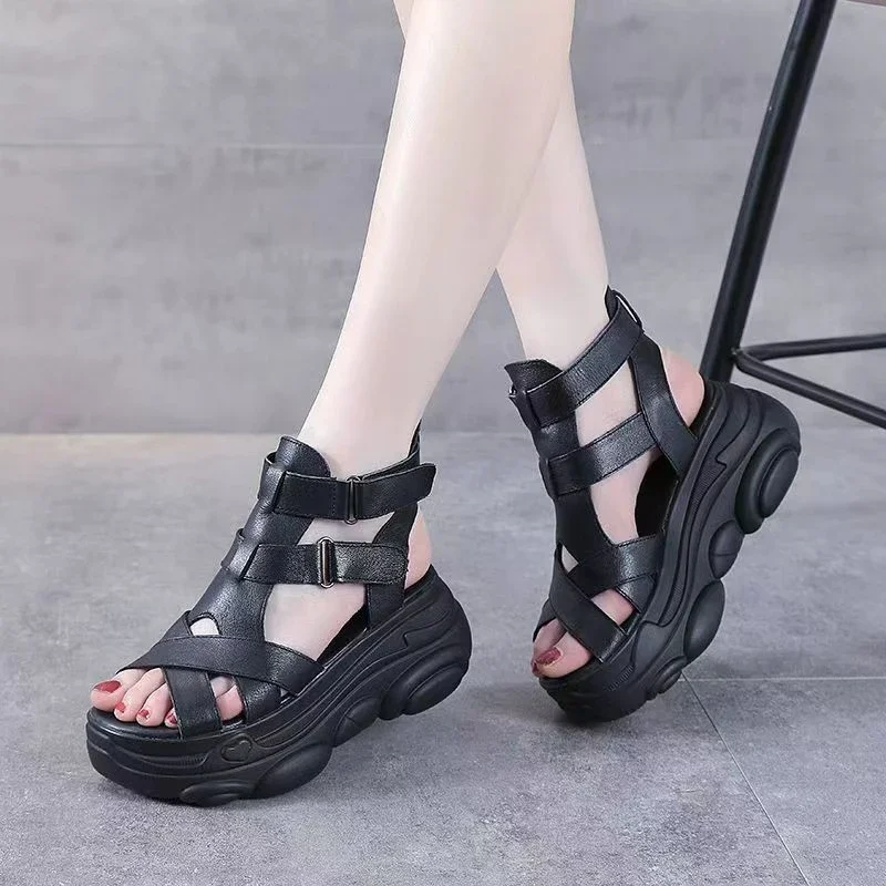 2024 New Roman Style Comfortable Wedge Heel Increase Top Layer Cowhide Vintage Platform Rocking Sandals for Women