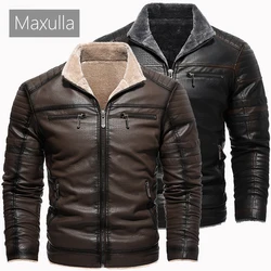 Maxulla Winter Men's PU Jackets Fashion Mens Motorcycle Leather Coats Casual Fur Collar Warm Biker Leather Coat Mens Clothing